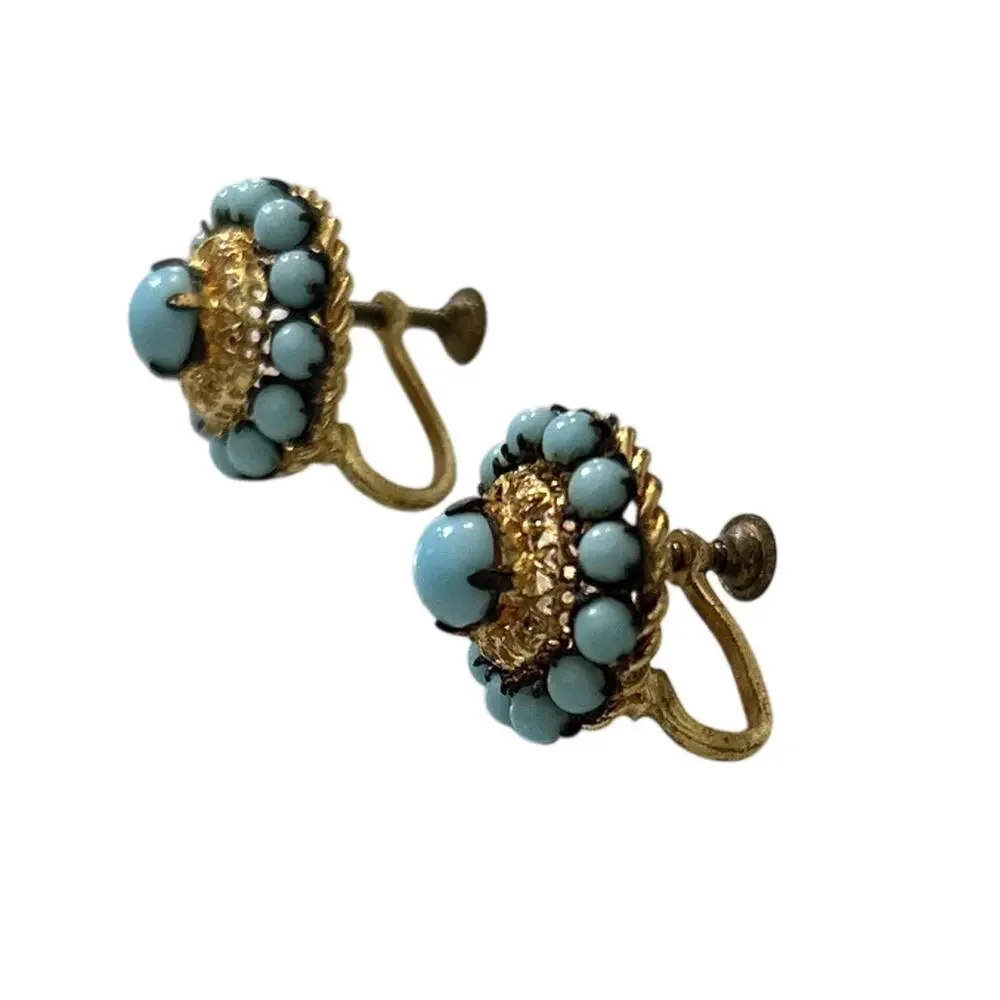 Vintage 1920s Czech Czecho Gold Tone Filigree Blue Beaded Screw Back Earrings